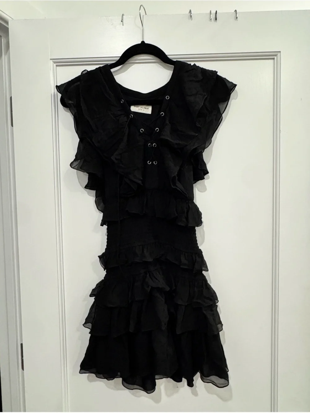 Saint Laurent Black Ruffled Lace-Up Mini Dress